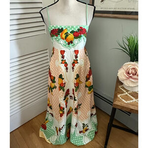 Caroline Constas Dress Small Maxi Fruit Print Linen Blend Strappy Maximalist